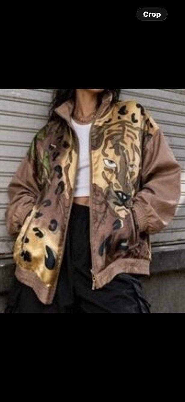 Vintage Silk Bomber Jacket Art Tiger Safari Print 90s Oversized Statement Rare